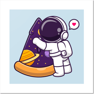 Cute Astronaut With Pizza Space Cartoon Posters and Art